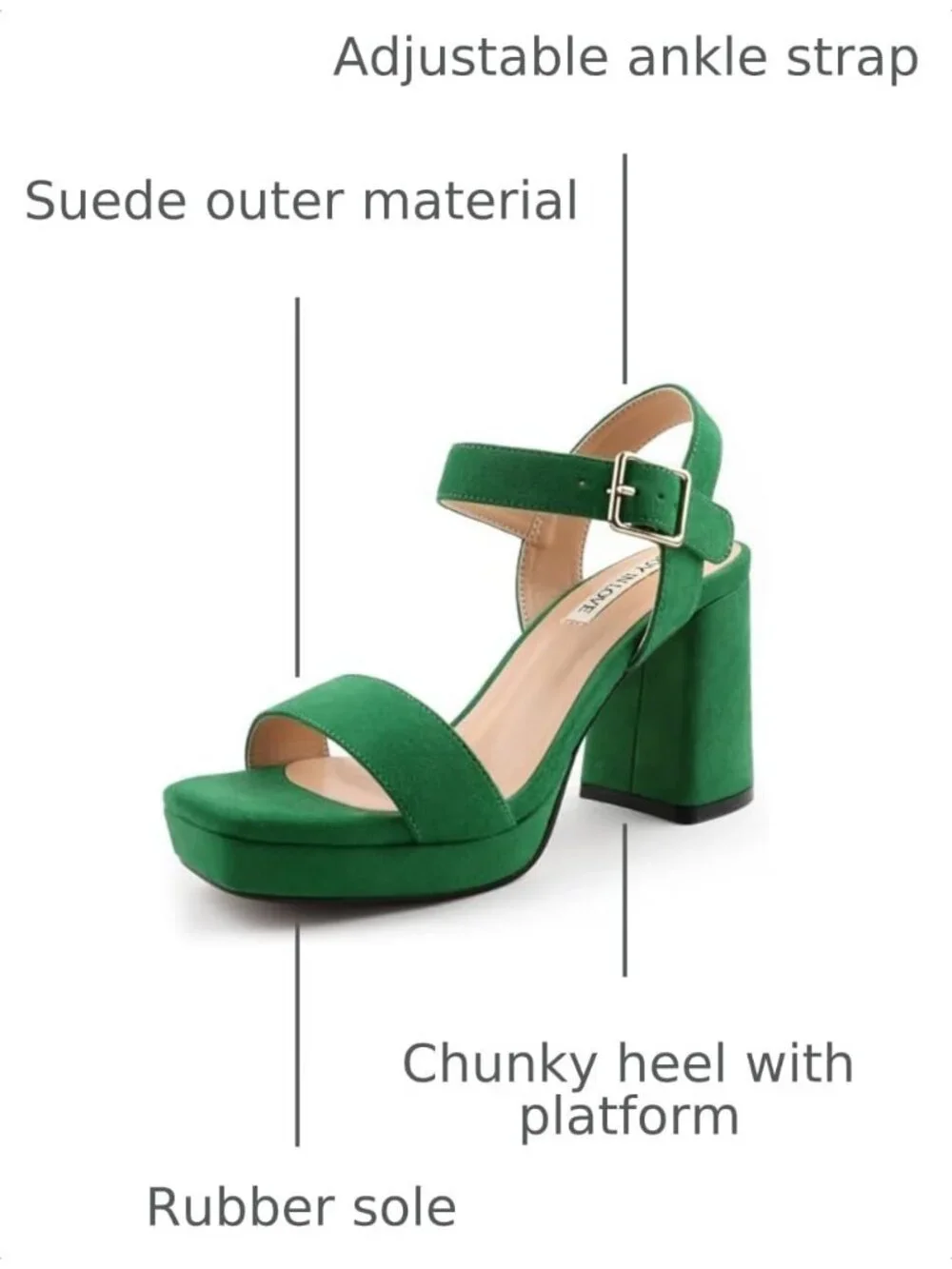 Women's Green Square Open Toe Adjustable Ankle Strap Chunky Block Heel Sandals